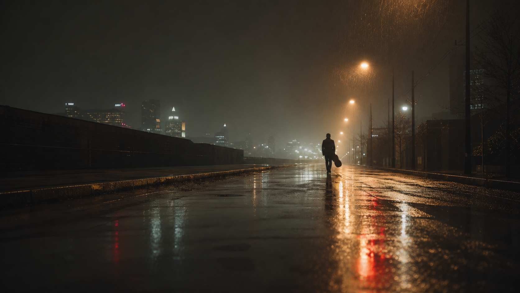 Cinematic rainy night road