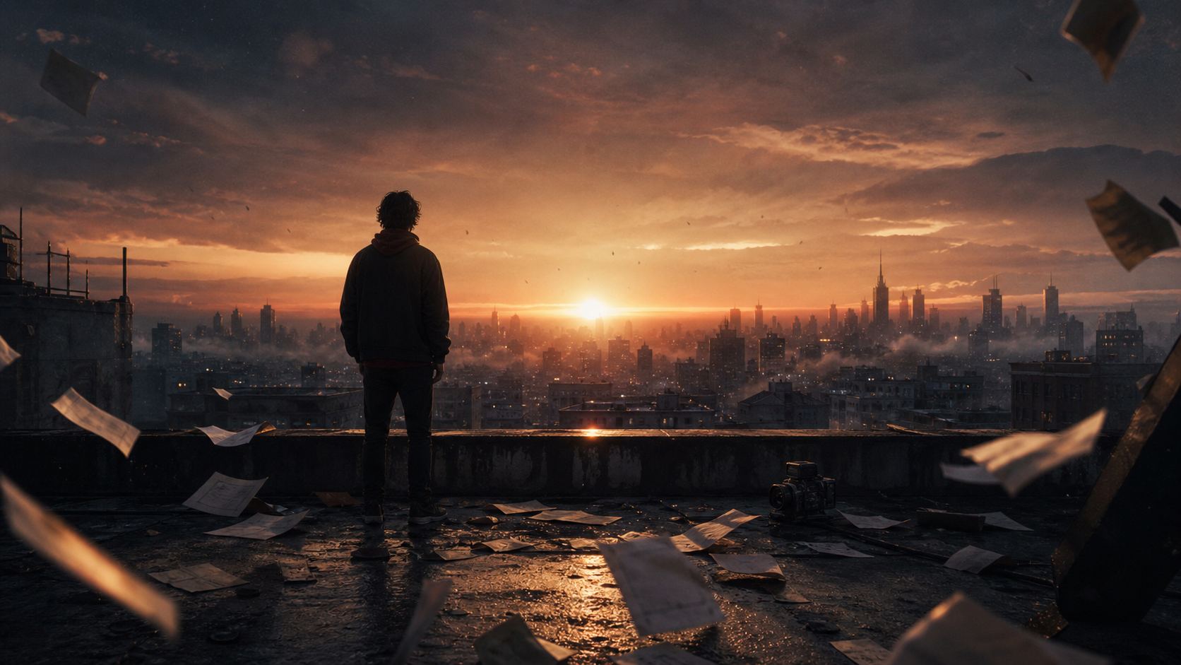 Dreamer looking over city at dawn